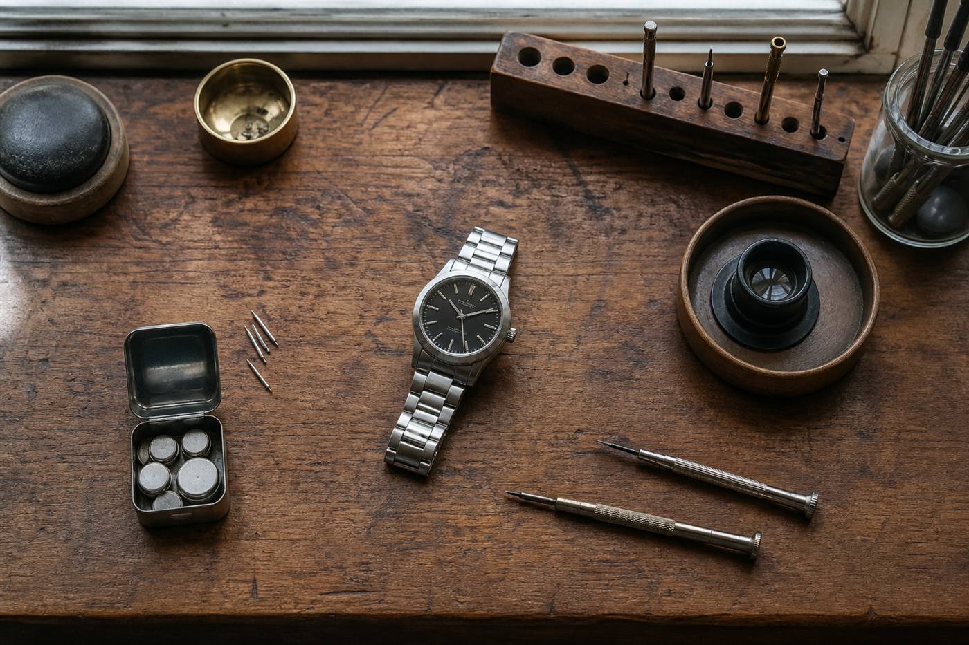 Watch and repair tools on a workbench